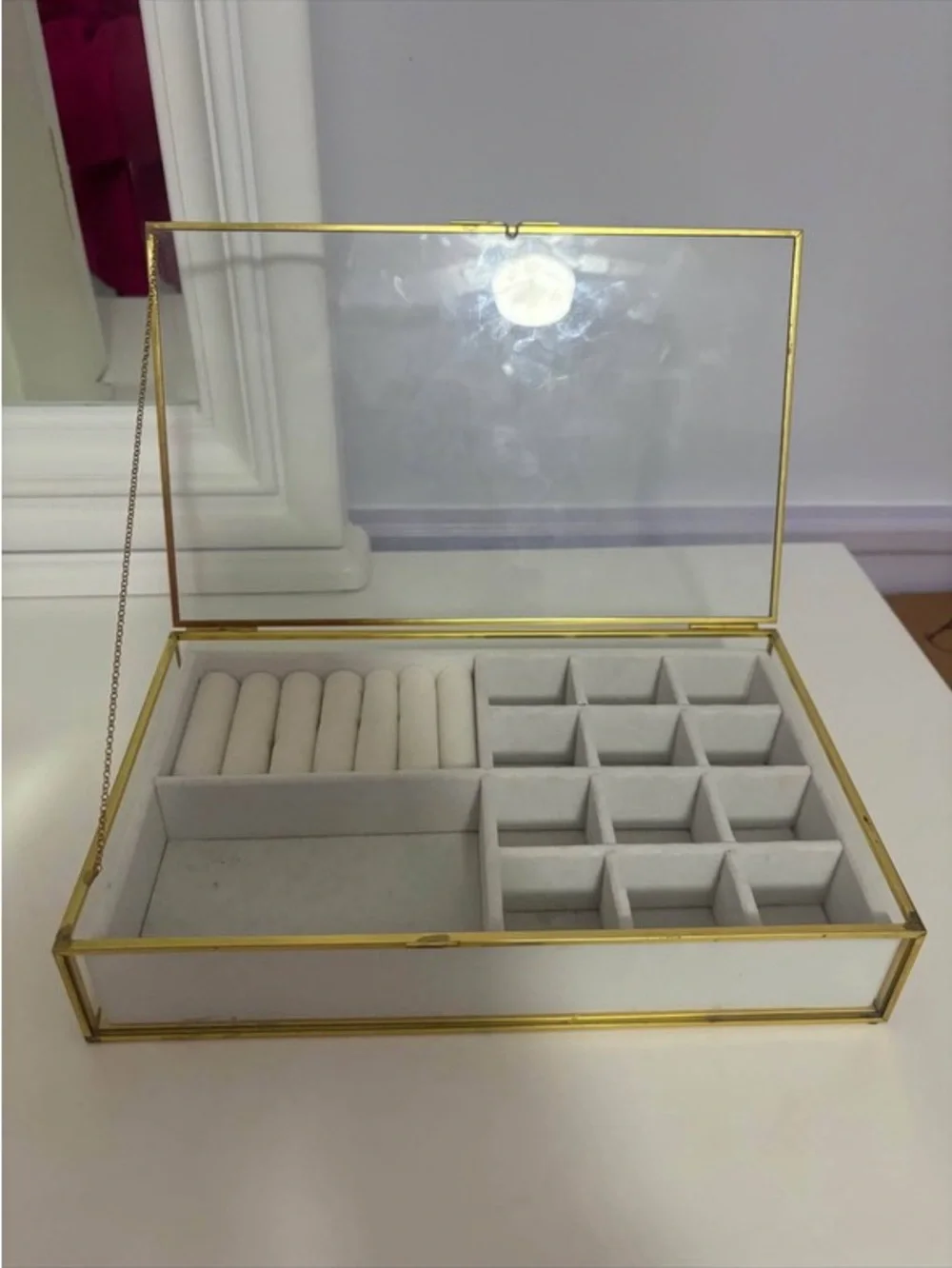 Glass and Gold Jewelry Organizer Box with White Velvet Interior
